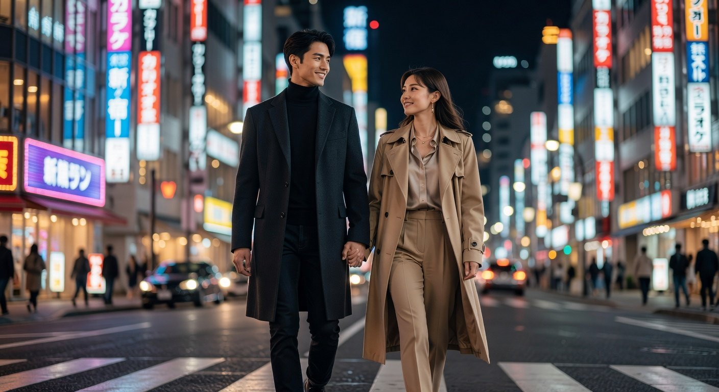 東京の夜を歩くカップル